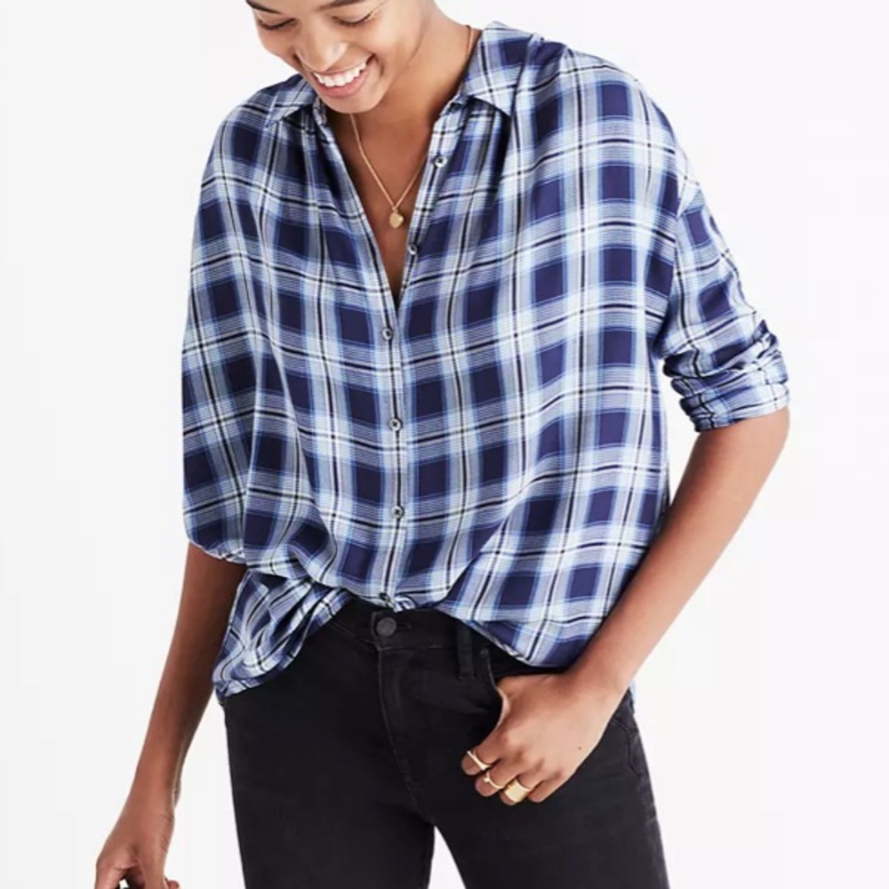 Madewell Central L/S Shirt in Lansford Plaid, Navy and White Viscose, L,…